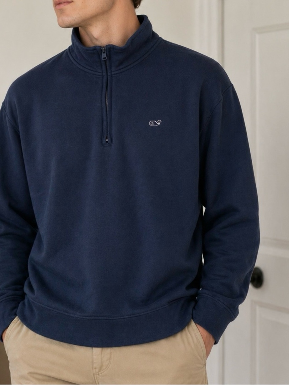 Vineyard Vines Men’s Large Quarter Zip Pullover Navy Blue Whale Logo Cotton